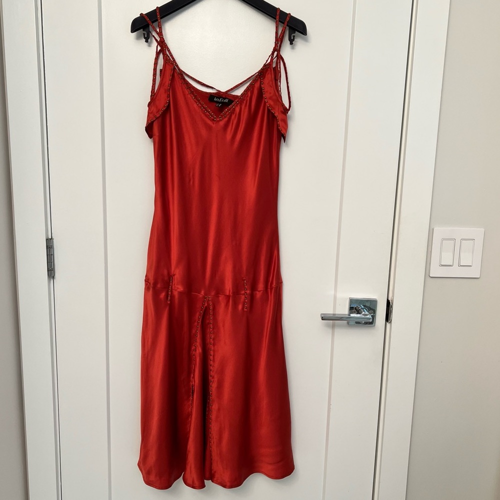 Le Full 100% Silk Dress, Made In Italy, Multi strap with Copper Mini Stud W Slit